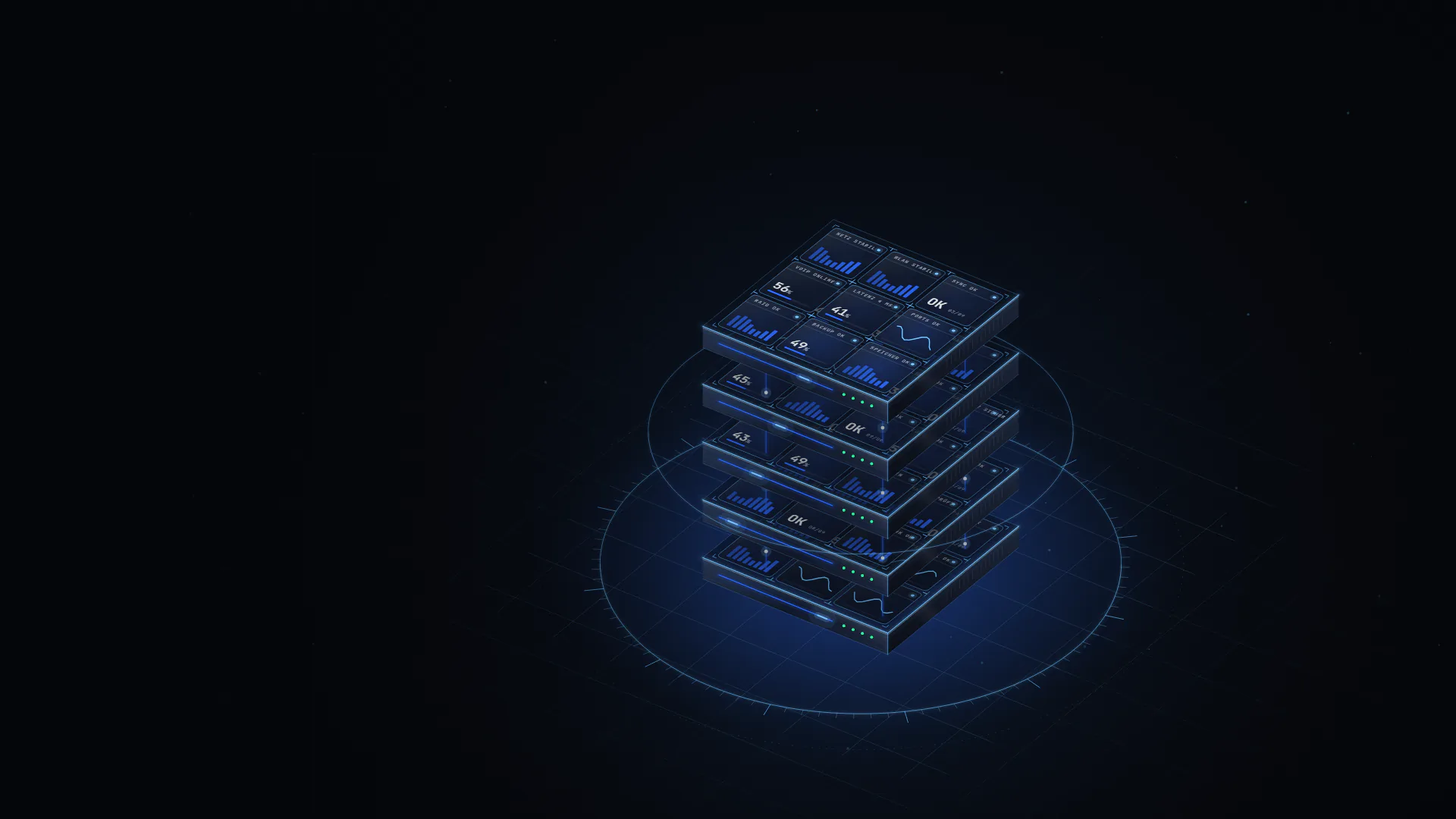 Animation: Aus roten Fehlermeldungen und getrennten Verbindungen wird ein geordnetes System aus fünf Ebenen – IT-Infrastruktur, Kommunikationslösungen, Cloud-Lösungen, IT-Sicherheitslösungen, IT-Support und Wartung.